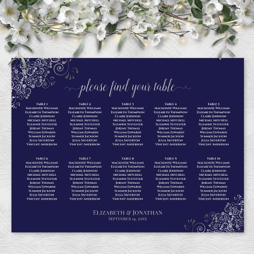 10 Table Wedding Seating Chart Silver on Navy Blue