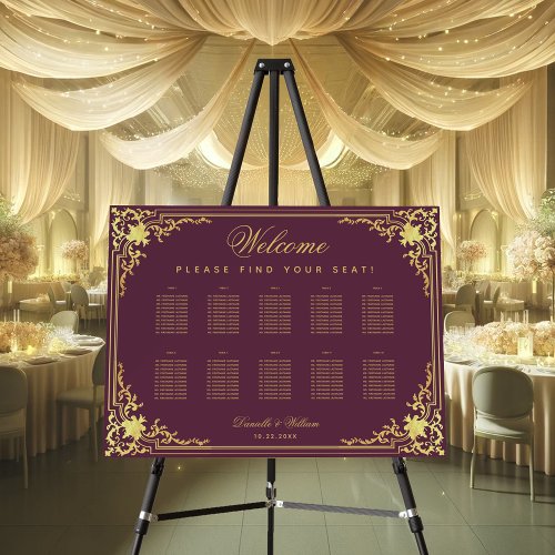 10 Table Wine Color Faux Gold Ornate Seating Chart Foam Board