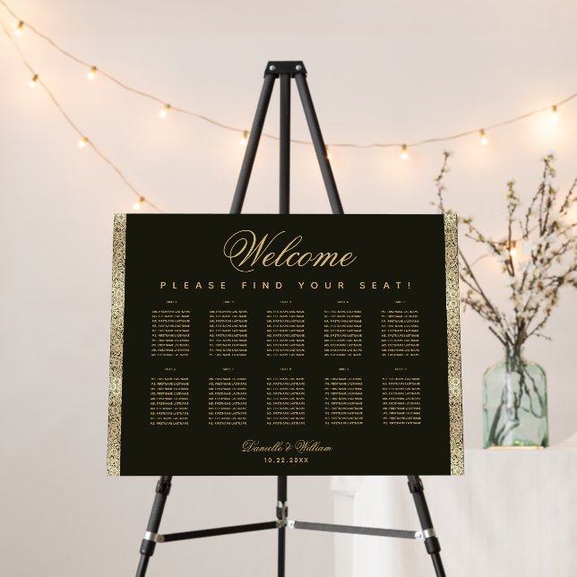10 Tables Black Gold Elegant Wedding Seating Chart Foam Board (In Situ (Stand))