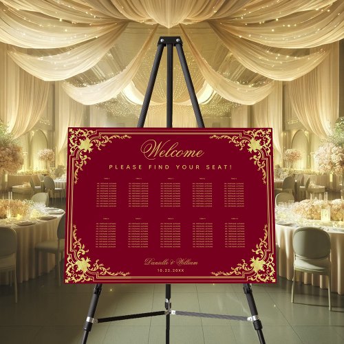 10 Tables Burgundy Faux Gold Wedding Seating Chart Foam Board