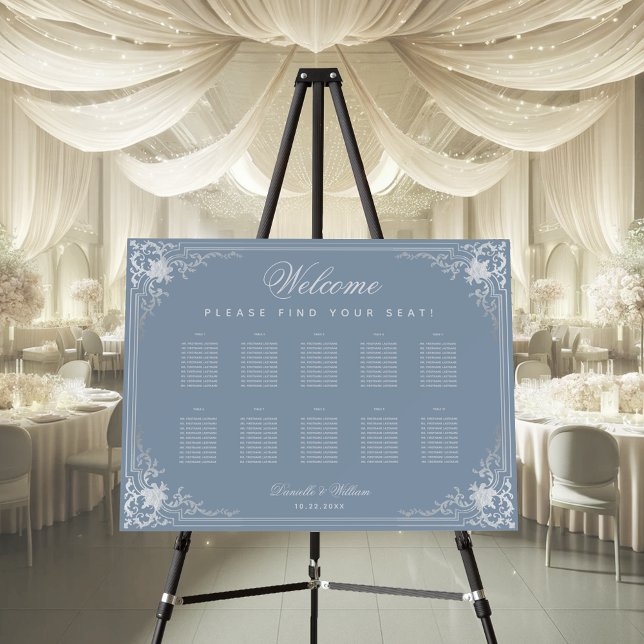10 Tables Dusty Blue Elegant Wedding Seating Chart Foam Board (Creator Uploaded)