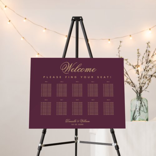 10 Tables Seating Chart Wine Color Golden Script  Foam Board