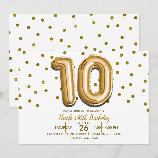 10 Ten Gold Balloon Confetti 10th Birthday Party Invitation (Front/Back)