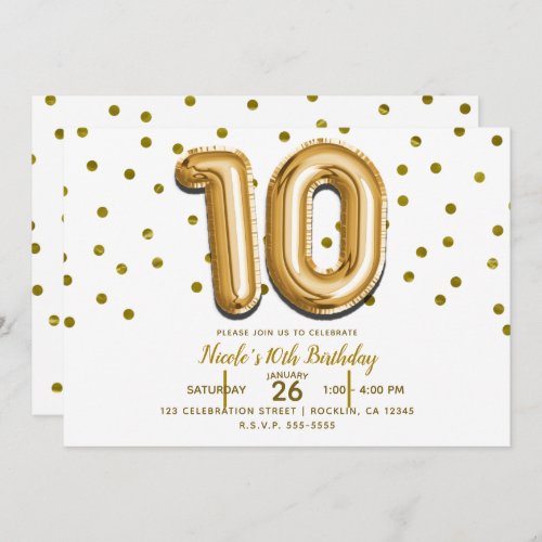 10 Ten Gold Balloon Confetti 10th Birthday Party Invitation