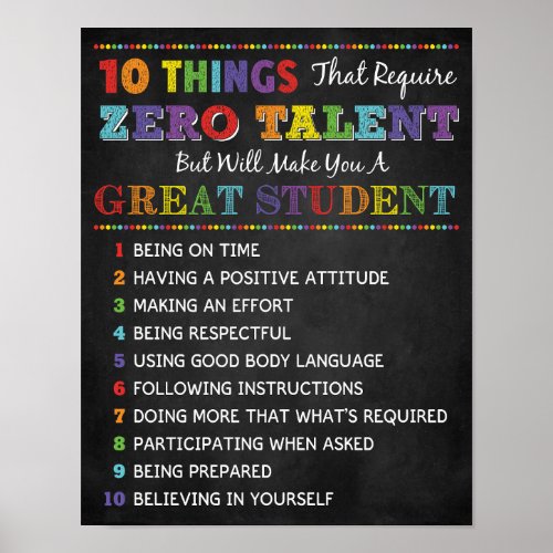 10 Things To Be A great Student Classroom Poster