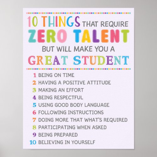 10 Things To Be A great Student Classroom Poster