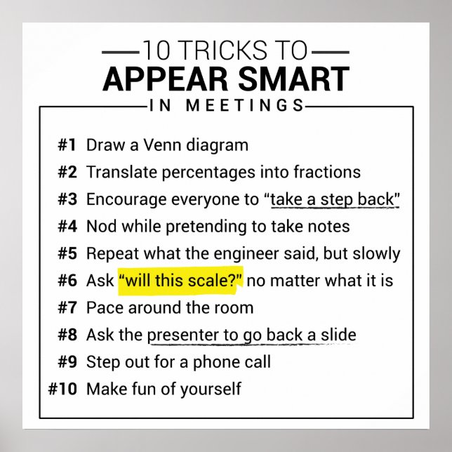 10 Tricks to Appear Smart During Meetings Poster (Front)