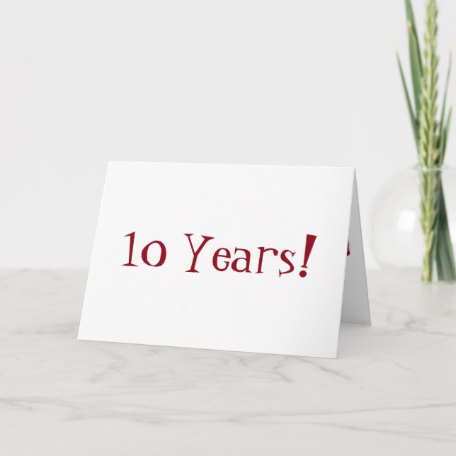 10 year anniversary, big, red and white text. card (Front)