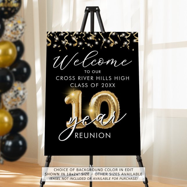 10 Year Class Reunion Welcome Black Gold Balloons Foam Board (Creator Uploaded)