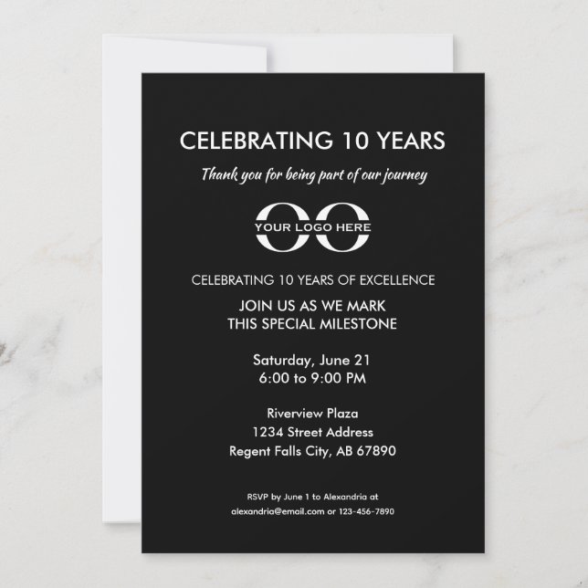 10 Year Company Anniversary Classic Black Invitation (Front)