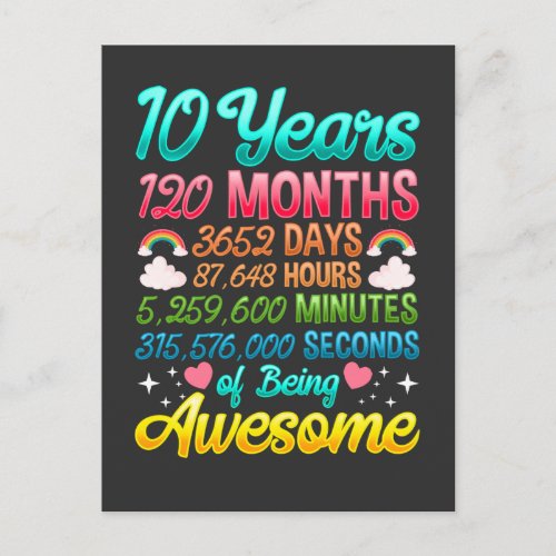 10 Year old 120 Months 10th Birthday Party Rainbow Postcard