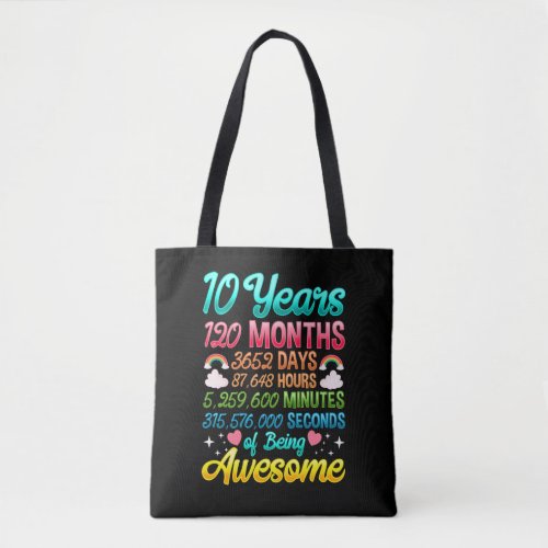 10 Year old 120 Months 10th Birthday Party Rainbow Tote Bag