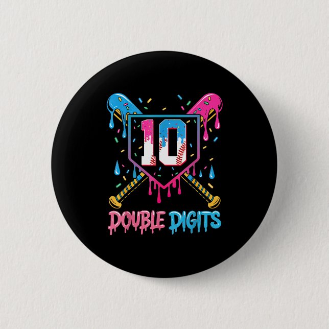 10 Year Old Baseball Drip Ice Cream 10th Bday Doub Button (Front)