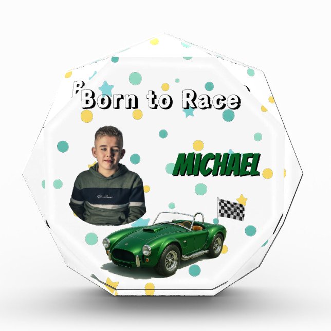 10 Year Old Birthday Party Green Racing Car Acrylic Award (Front)