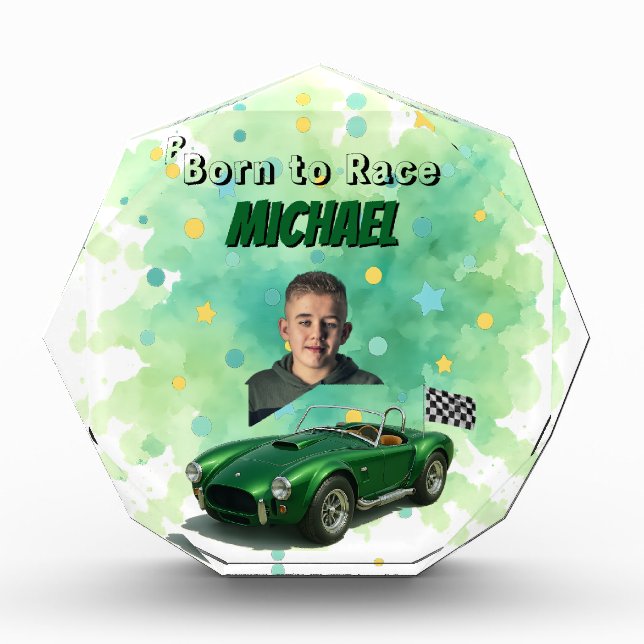 10 Year Old Birthday Party Green Racing Car Acrylic Award (Front)