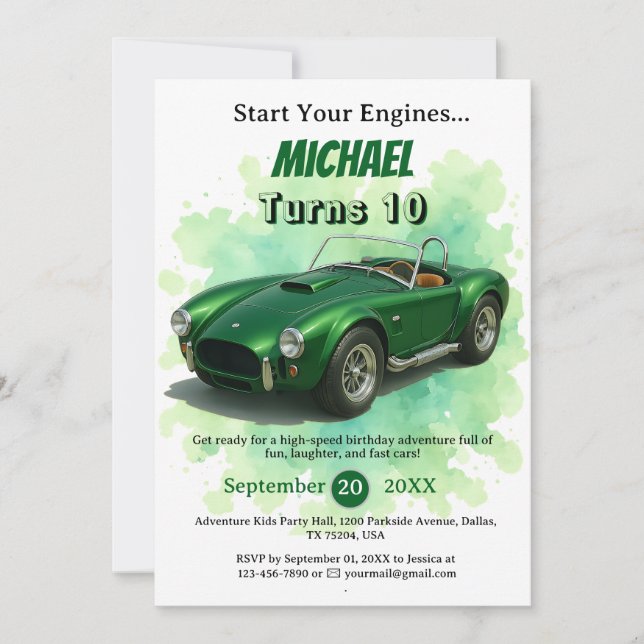 10 Year Old Birthday Party Green Racing Car Invitation (Front)