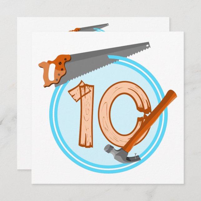 10 year old boy builder tools birthday design invitation (Front/Back)