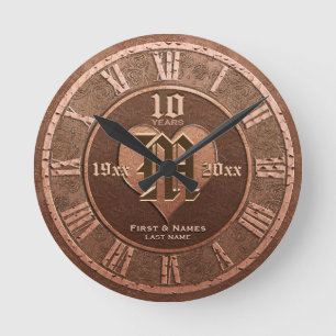 10 Year Vintage Copper Look Wedding Anniversary Round Clock