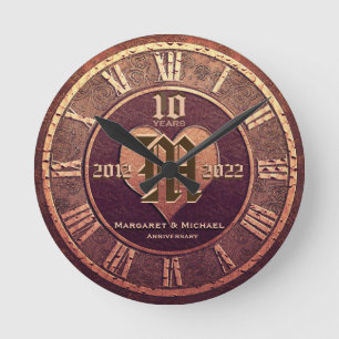 10 Year Vintage Copper Look Wedding Anniversary Round Clock