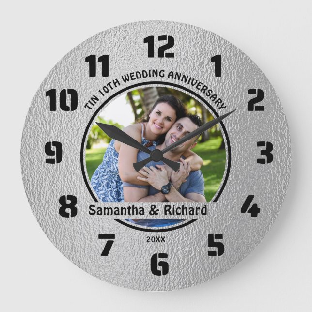 10 Year Wedding Anniversary Couple Name Photo Tin  Large Clock (Front)