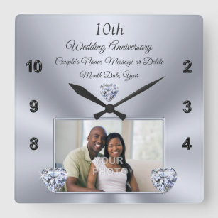 10 year Wedding Anniversary Gift for Wife, Diamond Square Wall Clock