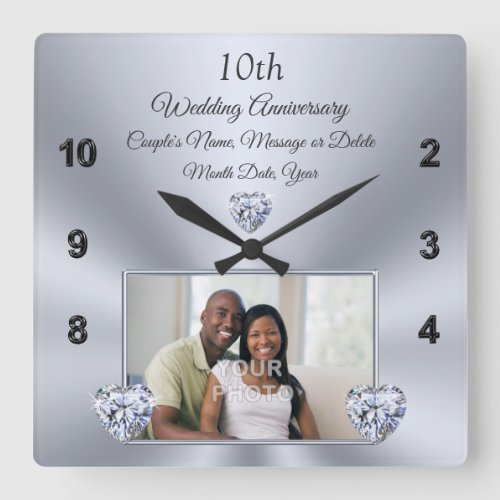 10 year Wedding Anniversary Gift for Wife Diamond Square Wall Clock