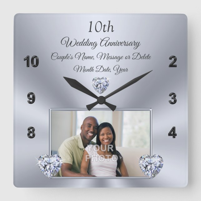 10 year Wedding Anniversary Gift for Wife, Diamond Square Wall Clock (Front)