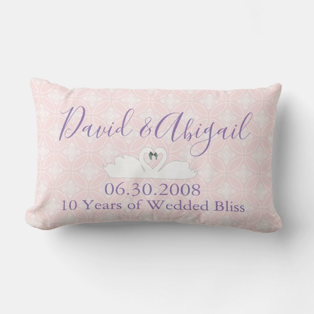 10 Year Wedding Anniversary Pink and White Damask Lumbar Pillow (Front)