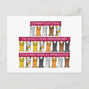 10 Year Work Anniversary Cartoon Cats Postcard