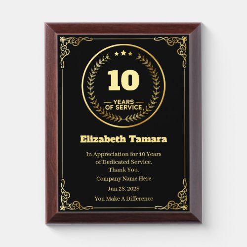 10 Year Work Anniversary  Employee Appreciation Award Plaque