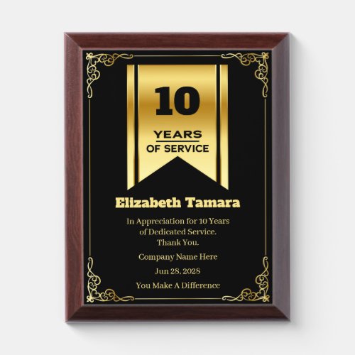 10 Year Work Anniversary  Employee Appreciation Award Plaque