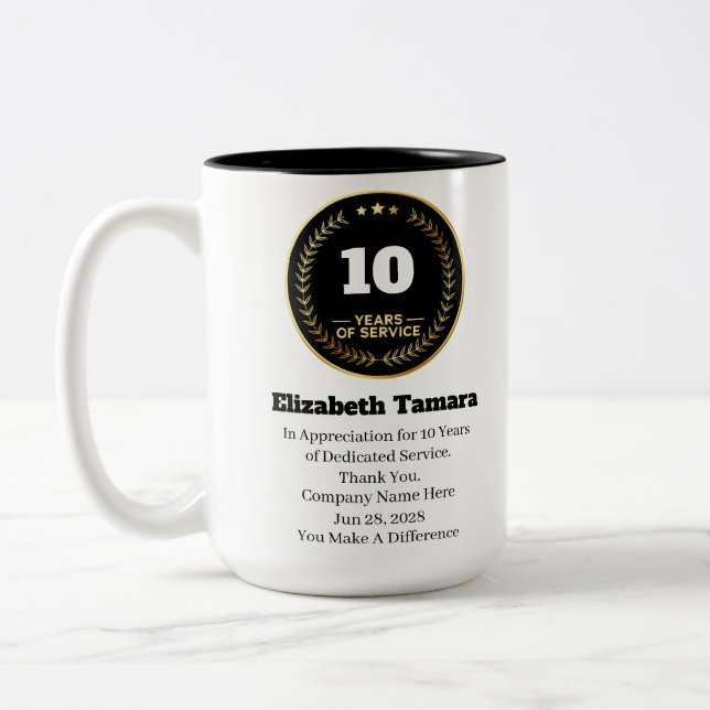 10 Year Work Anniversary | Employee Appreciation Two-Tone Coffee Mug (Left)