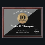 10 Year Work anniversary Gold Black Employee Award Plaque<br><div class="desc">Celebrate a decade of dedication with this 10 Year Work Anniversary Gold and Black Employee Appreciation Award Plaque,  beautifully framed in wood. Personalize it with the employee’s name,  company logo,  and custom message — a thoughtful and professional way to honor hard work and loyalty.</div>