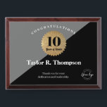 10 Year Work anniversary Gold Black Employee Award Plaque<br><div class="desc">Celebrate a decade of dedication with this 10 Year Work Anniversary Gold and Black Employee Appreciation Award Plaque,  beautifully framed in wood. Personalize it with the employee’s name,  company logo,  and custom message — a thoughtful and professional way to honor hard work and loyalty.</div>