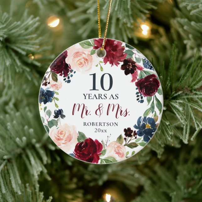10 Years As Mr & Mrs Personalized Rustic Floral Ceramic Ornament (Tree)