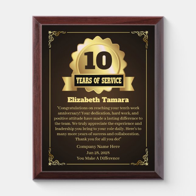 10 years employee anniversary Appreciation Message Award Plaque (Vertical)