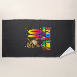 10 Years Old Birthday Sloth Dabbing 10th Birthday  Beach Towel