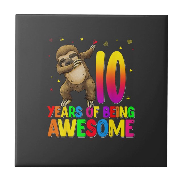 10 Years Old Birthday Sloth Dabbing 10th Birthday  Ceramic Tile (Front)