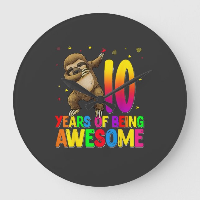 10 Years Old Birthday Sloth Dabbing 10th Birthday  Large Clock (Front)