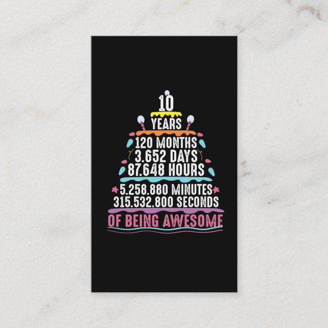 10 Years Old Cake 10th Birthday Minutes Business Card (Front)