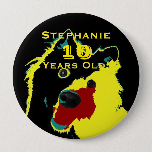 10 Years Old, Happy Yellow Dog Button Pin Pinback (Front)