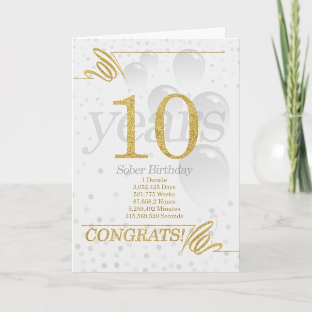 10 Years Sober Birthday Faux Gold Glitter Card (Front)