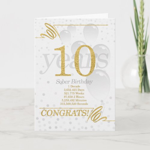 10 Years Sober Birthday Faux Gold Glitter Card