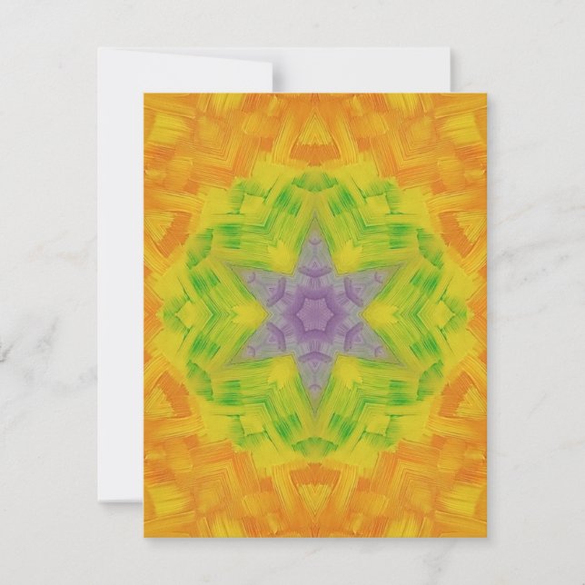 10A Unique Orange Yellow Purple Green Star Mandala Note Card (Front)