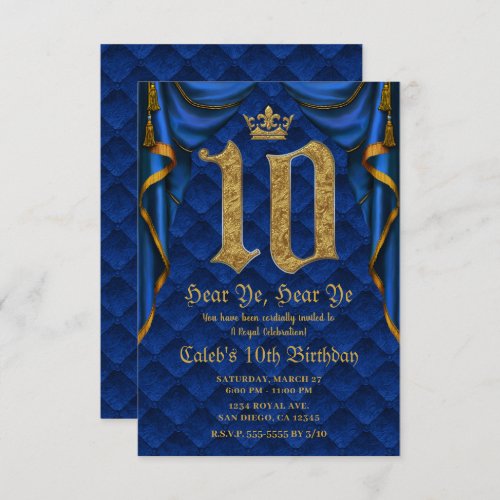 10TH 10 Birthday Party Royal Blue Gold Crown   Invitation