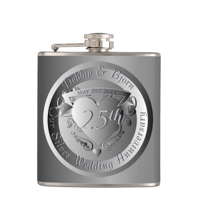 10th,20th,25th,70th Wedding Anniversary Medallion Flask (Front)