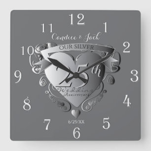 10th,20th,25th Wedding Anniversary Silvery Heart Square Wall Clock
