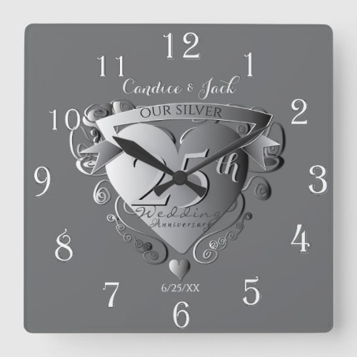 10th20th25th Wedding Anniversary Silvery Heart Square Wall Clock