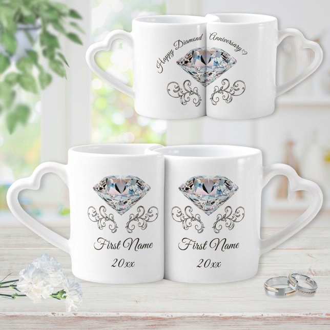 10th, 60th, Diamond Anniversary Gifts, Anniversary Coffee Mug Set (10 year wedding anniversary gifts. Diamond wedding anniversary gifts. 10th anniversary gift Modern.)