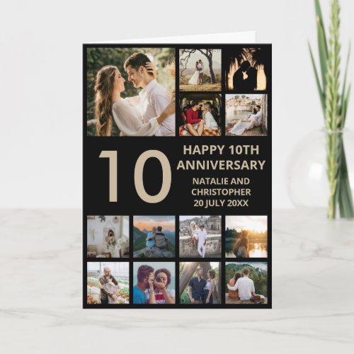 10th Anniversary 13 Photo Collage Black and Gold Card